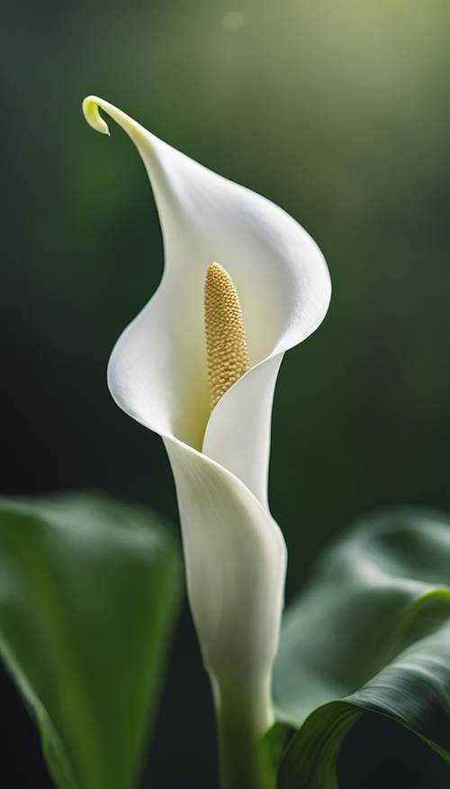 Eine einzelne, elegante weiße Calla, deren Blütenblätter sich sanft um den Stiel falten und auf einem grünen Blatthintergrund ruhen.