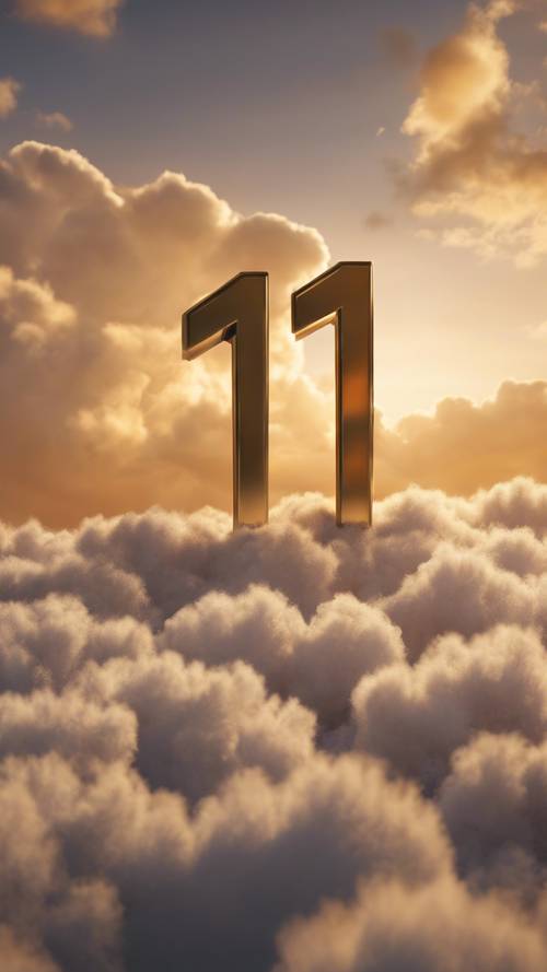 A detailed close-up of a 3D golden number '1111' glowing against a mystical sky filled with fluffy clouds at sunset. Divar kağızı [a96565e9a08c41b68e8f]