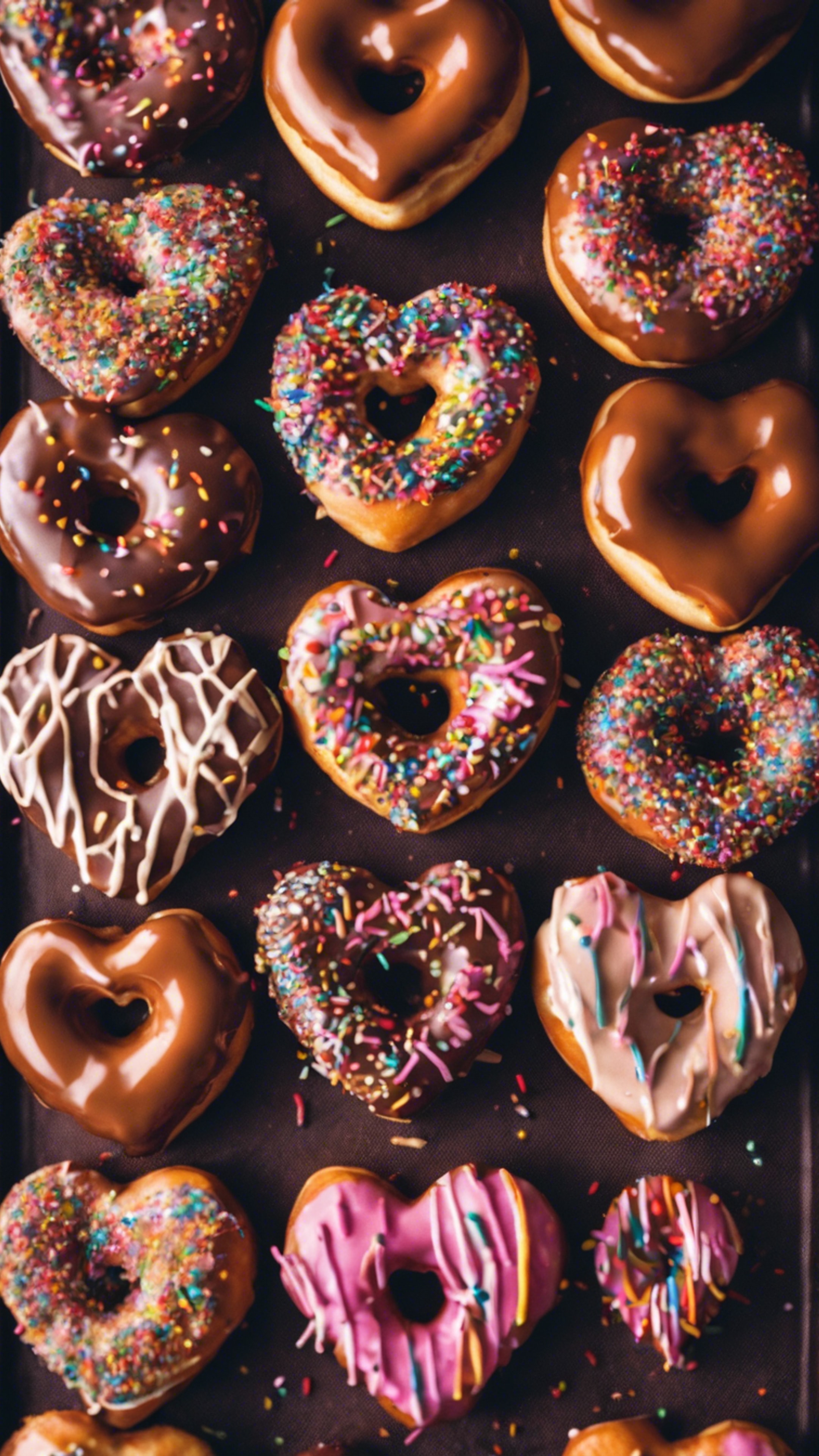 A sweet, heart-shaped donut with a brown chocolate glaze and colorful sprinkles, ideally for a lover's breakfast.壁紙[8cca10e8af8b48b8a02c]