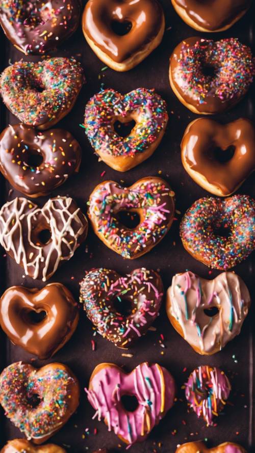 A sweet, heart-shaped donut with a brown chocolate glaze and colorful sprinkles, ideally for a lover's breakfast.