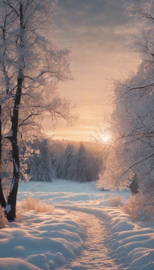 Un paisaje nevado bajo el suave resplandor del amanecer.