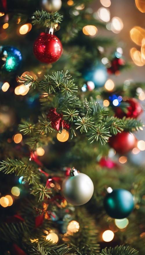 Un árbol de abeto adornado con luces brillantes y adornos coloridos para Navidad.