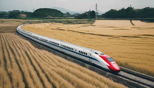 Um trem Shinkansen vermelho de alta velocidade passando por um campo de arroz rural no Japão.