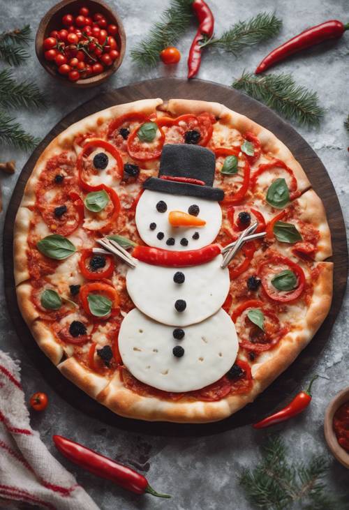 Pizza aconchegante de inverno decorada com coberturas para formar um boneco de neve fofo e comestível com um lenço feito de tiras de pimenta vermelha