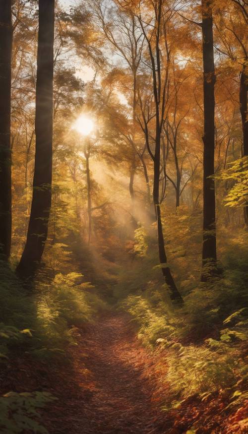 A tranquil forest bathed in the richness of fall colors with rays of the setting sun peeking through the dense canopy.