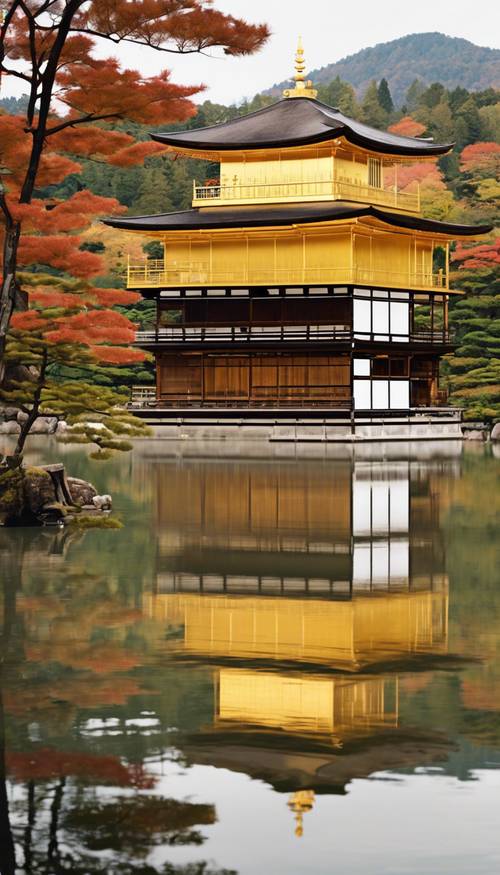 Золотой храм Кинкаку-дзи в Киото, размышляющий над спокойным озером осенью