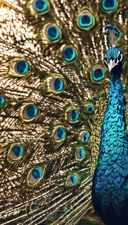 A close-up shot of a black peacock's iridescent scales reflecting the midday sunshine. Tapeta [d47719978af949af94a3]