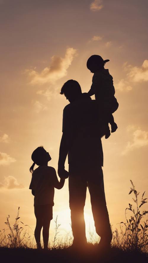 A silhouette of a family enjoying the soothing sight of the sunset over the countryside.