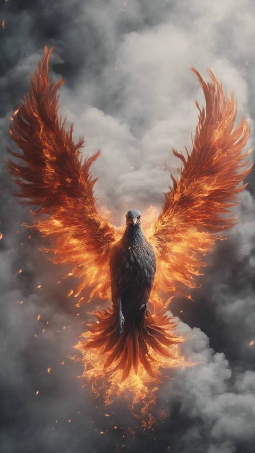 A fiery phoenix bird emerging from a cloud of mystical grey smoke.