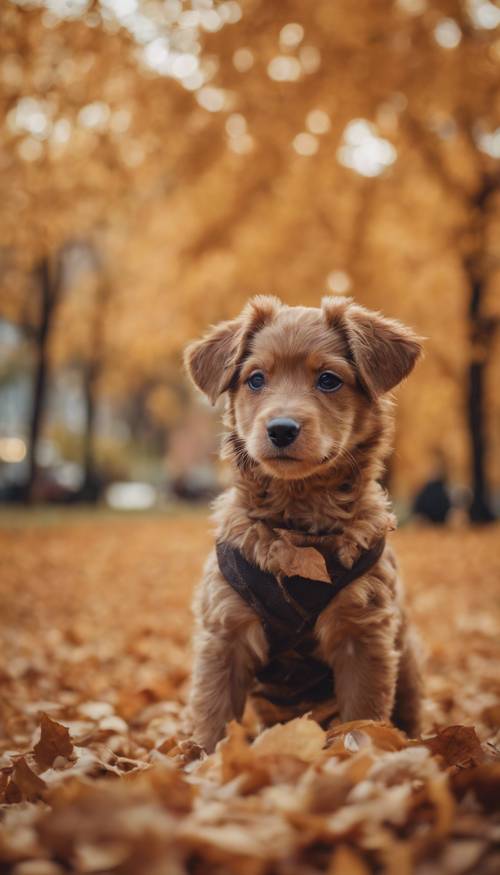 A cute brown puppy with a textured coat playing in a festival of fall leaves.