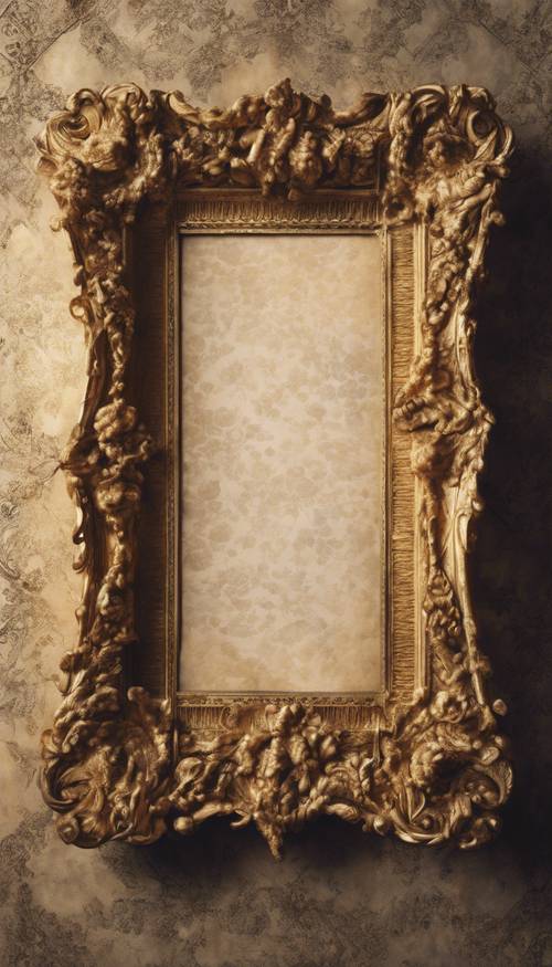 An aging piece of paper sat inside an ornate, golden frame on a baroque styled wall