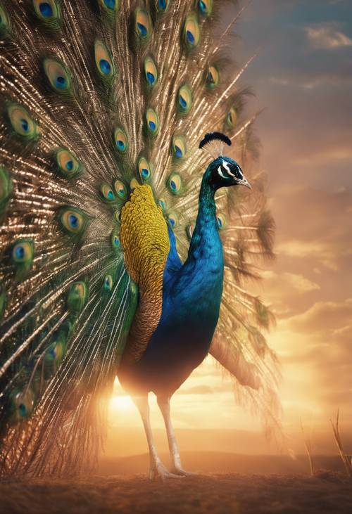Un pavo real erguido durante un sereno amanecer, la suave luz resalta la iridiscencia de su cola.