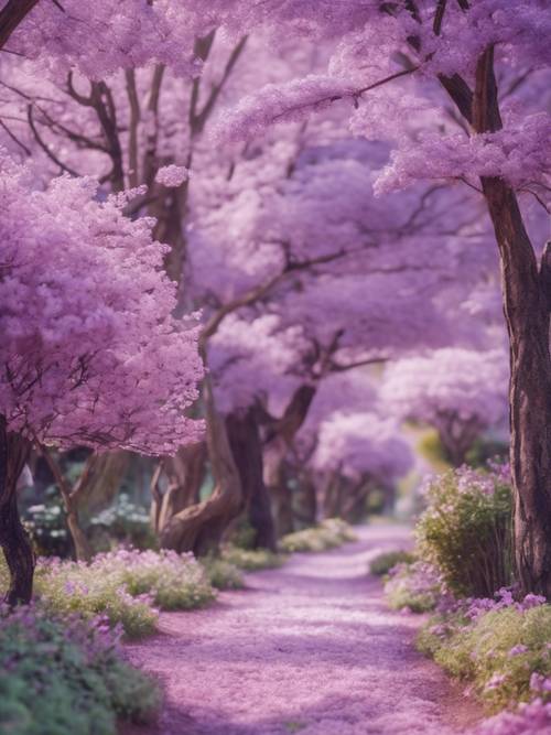 Pemandangan kawaii yang unik dengan pepohonan dan bunga yang diwarnai dalam berbagai corak ungu.