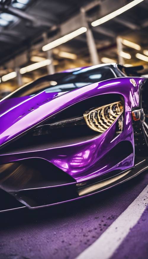 Elegancki, najnowocześniejszy samochód wyścigowy z błyszczącym, fioletowym, metalicznym połyskiem.