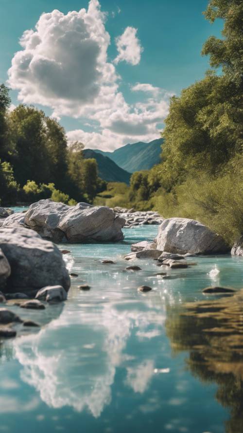 A dreamy landscape but with light blue clouds and a crystal clear river