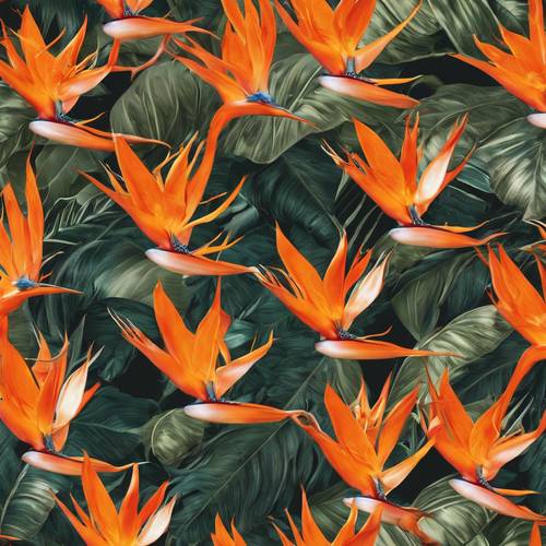 نمط استوائي جميل يضم زهور طيور الجنة باللون البرتقالي المحترق.