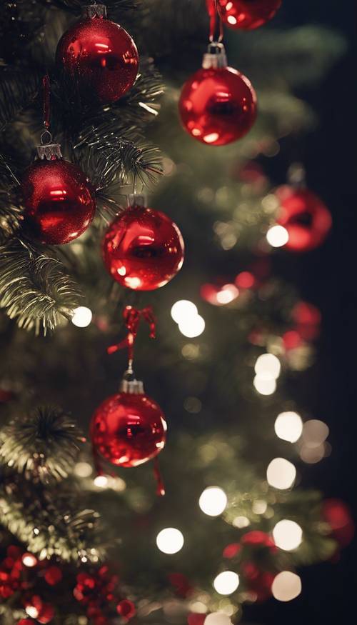 עץ חג המולד באור עמום, עם כדורים אדומים כדם וטינסל שחור, על רקע ליל החורף המפחיד.