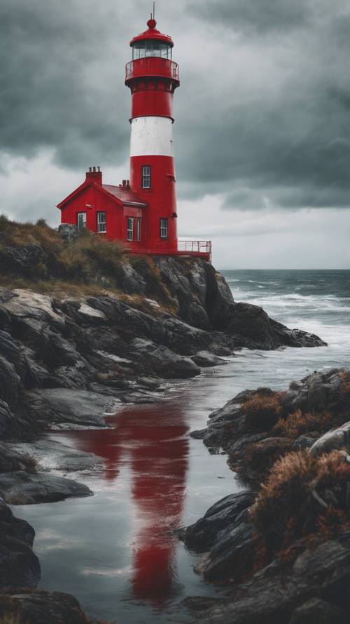Urocza stara latarnia morska pomalowana na czerwono i biało na nierównym wybrzeżu, pod zachmurzonym niebem.
