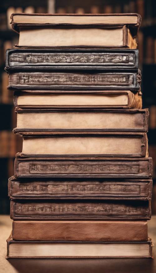 一堆旧的皮革封面的书，书脊上有黑色条纹。