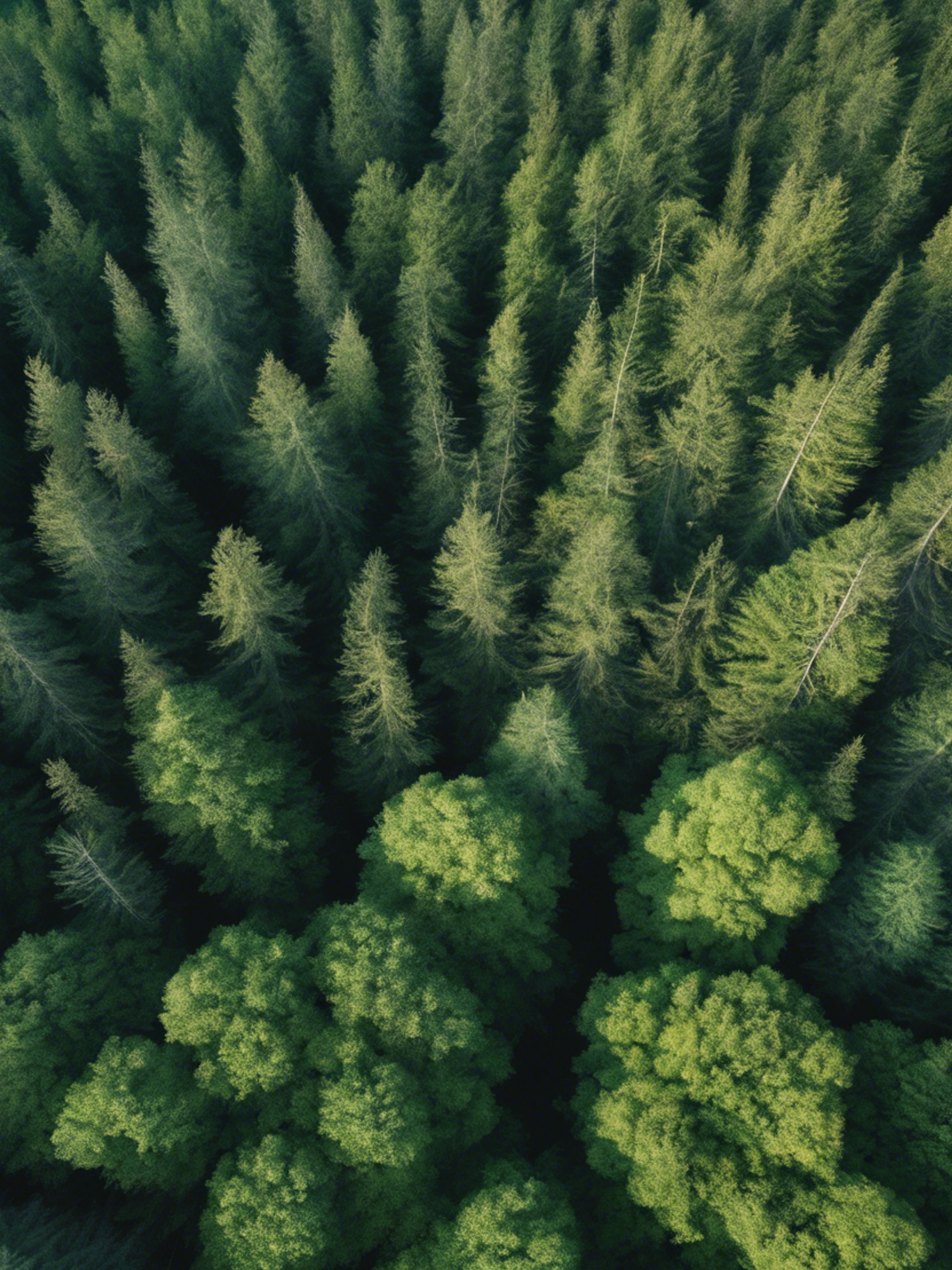 An aerial view of a summer forest, showing different shades of cool green. Tapeta[0f690078d26f4d7895b4]