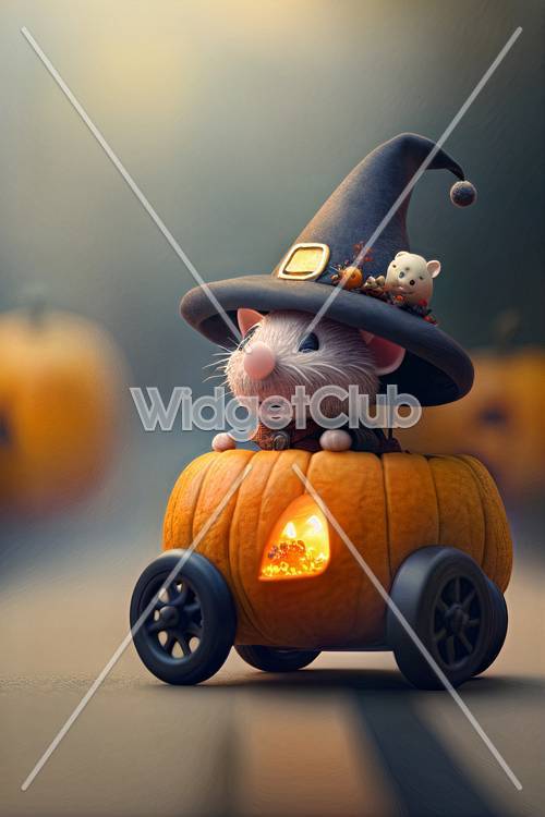 Cute Mouse Wizard on Pumpkin Carriage