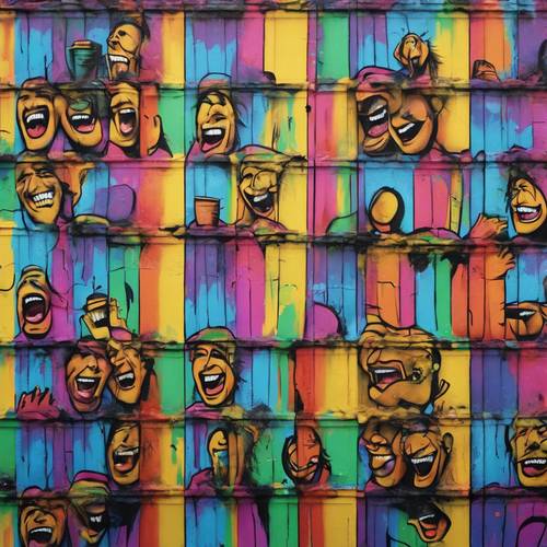 Grafiti seni jalanan yang memperlihatkan kerumunan wajah tertawa di dinding, dicat dengan warna pelangi