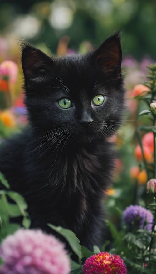 Anak kucing hitam berbulu halus dengan mata hijau lebar, duduk di taman dengan bunga berwarna-warni.