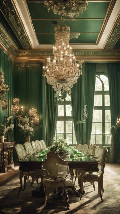 Uma grande sala de jantar com papel de parede adamascado verde e lustres vintage.