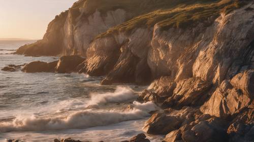 Une scène tranquille d&#39;un littoral rocheux pendant l&#39;heure dorée, avec la citation « La paix vient de l&#39;intérieur. Ne la cherchez pas à l&#39;extérieur. » dansant dans la lueur.