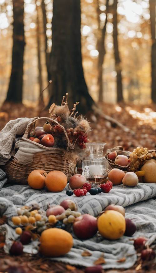 Un pique-nique en forêt d&#39;automne avec une décoration et des fruits d&#39;inspiration bohème