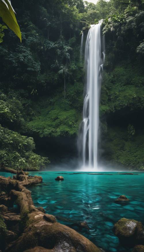 Una escena de selva tropical con una cascada increíblemente hermosa que cae en una laguna de color azul profundo.