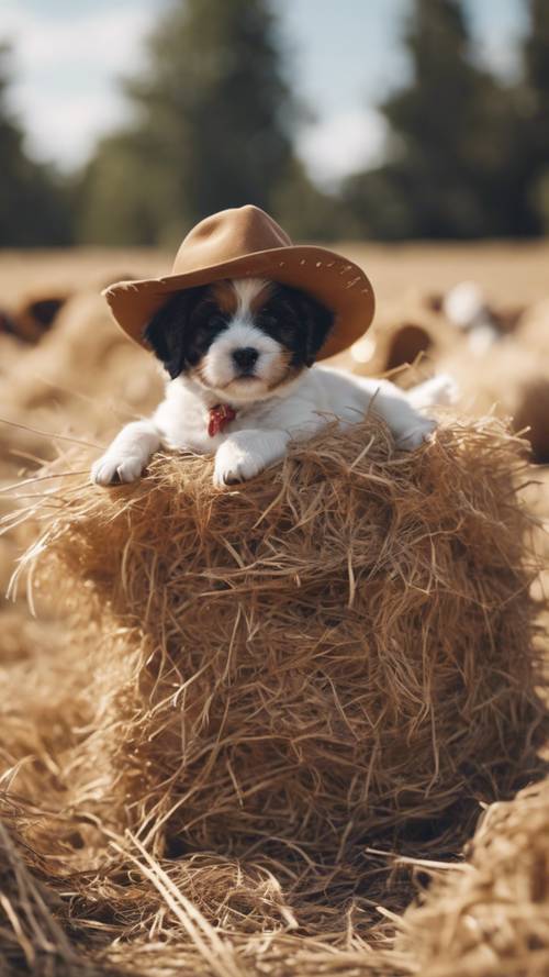 Small puppies in cowboy costumes playing around a haystack