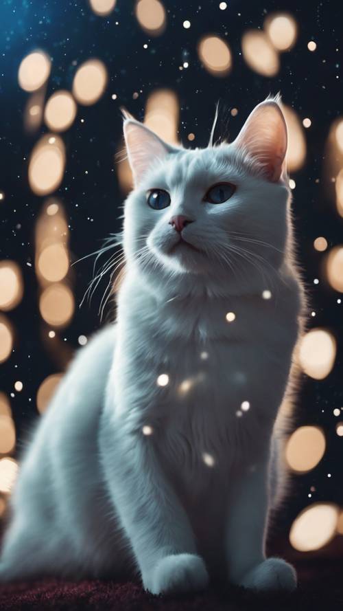 Derin lacivert gece gökyüzündeki parlak bir takımyıldıza bakan beyaz bir kedinin mistik bir sahnesi.