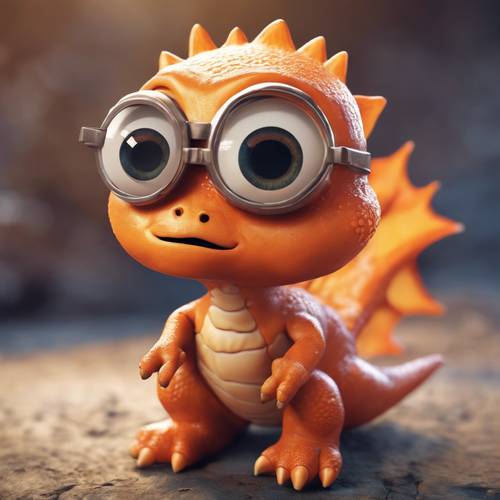 불을 호흡하는 방법을 배우는 큰 눈을 가진 작은 주황색 공룡의 귀여운 그림입니다.