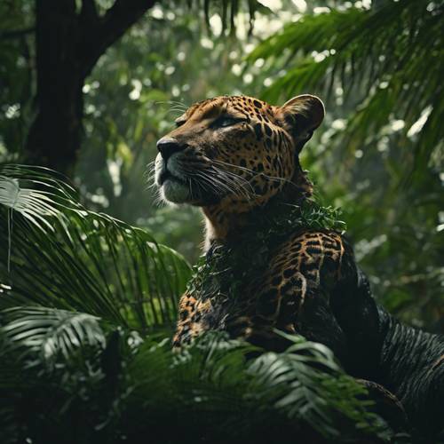 A verdant crown of rainforest foliage sitting on a panther prowling in the night.