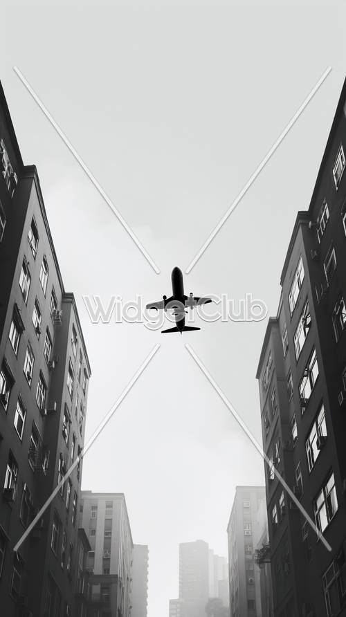 Avión volando sobre los edificios de la ciudad