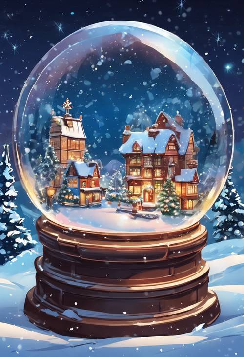 Stylized anime picture of a magical snow-globe with a miniature Christmas town inside.