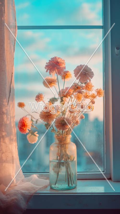 Bright Flowers by the Window at Sunset