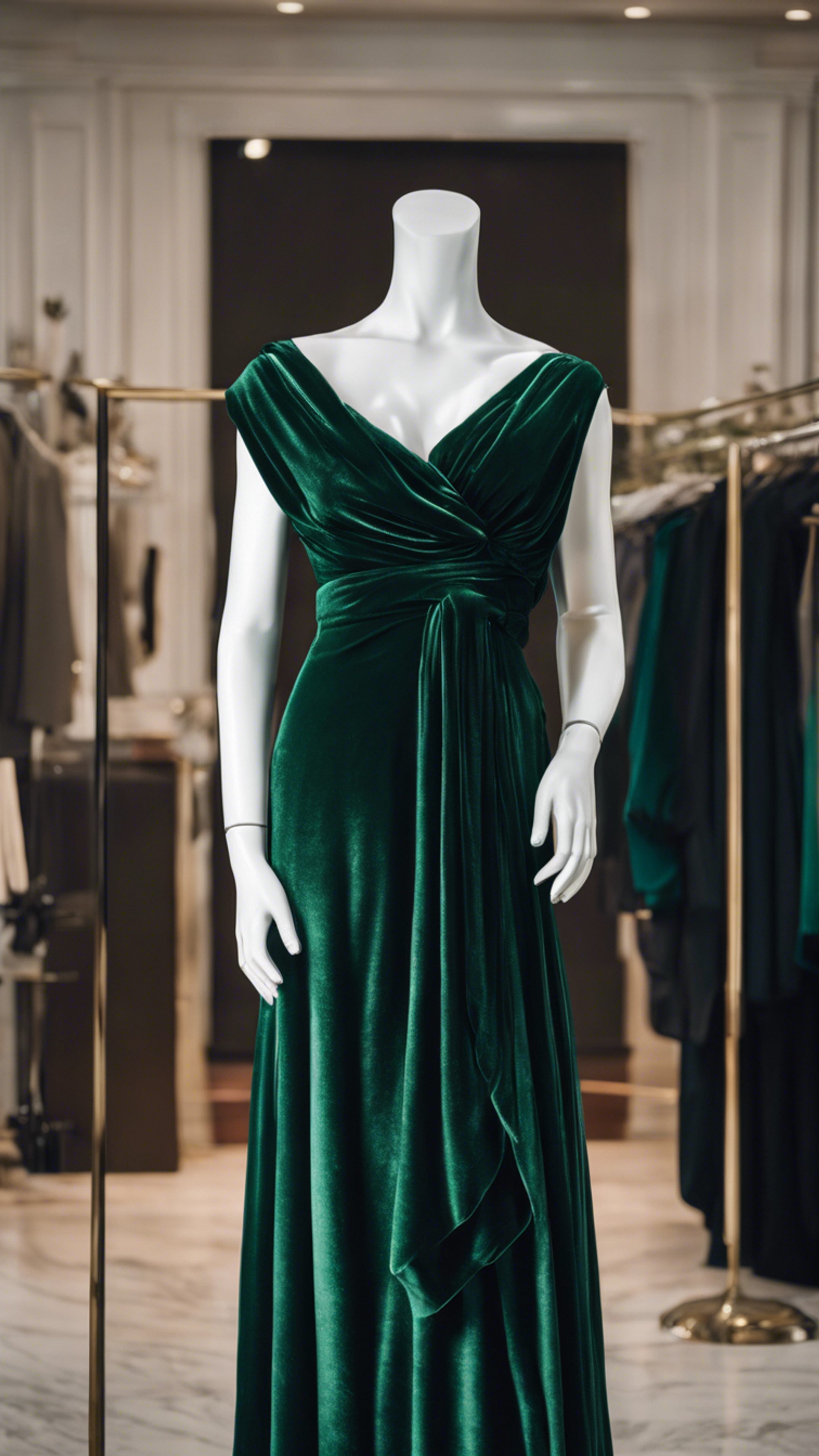 A classy dark green velvet dress draped on a mannequin. Kertas dinding[4958bfaa75d040bb9909]