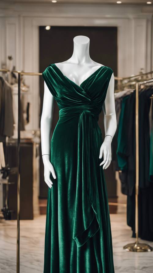 마네킹에 걸쳐진 고급스러운 짙은 녹색 벨벳 드레스.