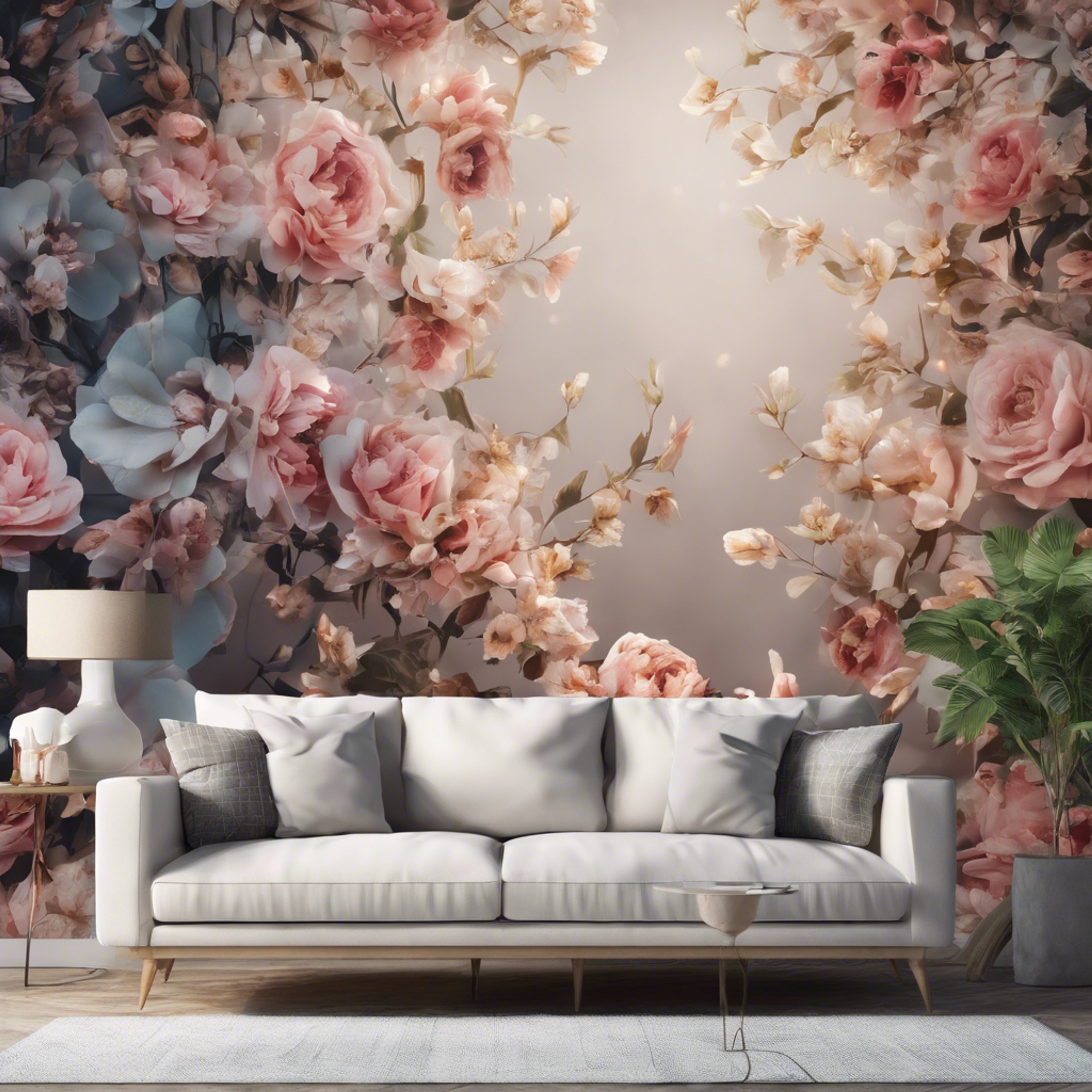 A contemporary styled room featuring a wall-size floral print mural.壁紙[3cb40e732efa458a8378]