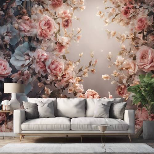 Duvar boyutunda çiçek desenli duvar resmi bulunan çağdaş tarzdaki oda.