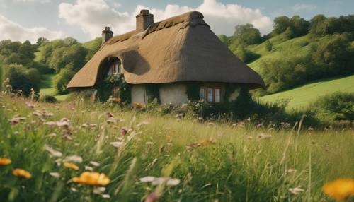 Un cottage dal tetto di paglia immerso in una campagna idilliaca, circondato da rigogliosi prati di erba alta e verde e fiori di campo.