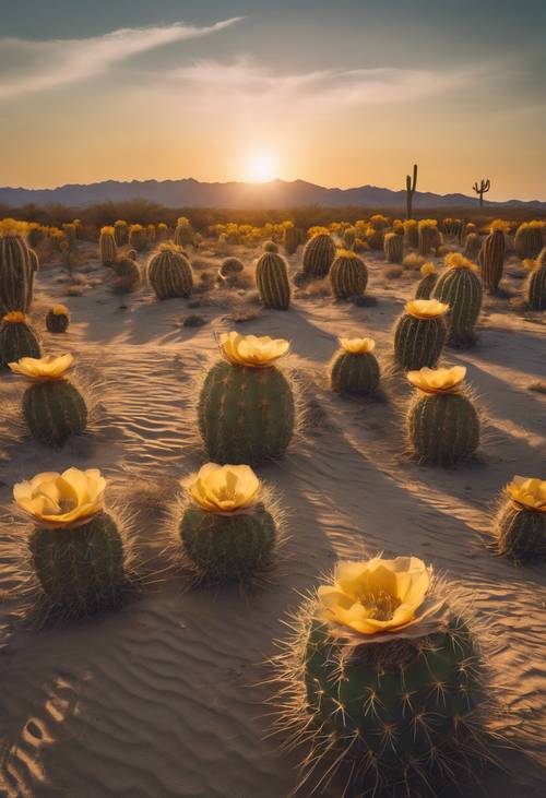 تلقي الأشعة الذهبية لغروب الشمس ظلالاً طويلة ومثيرة لصبار Kingcup على أرضية الصحراء. ورق الجدران [728430850d534ddfa706]