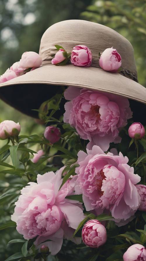 Pełny rozkwit różowych piwonii zawieszonych na zabytkowym kapeluszu ogrodniczym.