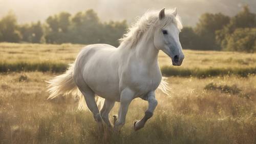 Un caballo blanco corriendo por un prado bañado por el sol con la frase «Obtienes en la vida lo que tienes el coraje de pedir» tejida en su fluida melena.