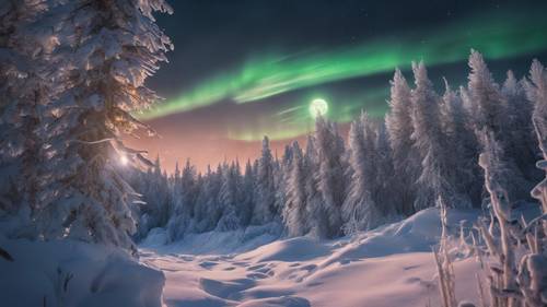 La pleine lune éclatante partage le ciel nocturne avec les fascinantes aurores boréales au-dessus de la nature hivernale