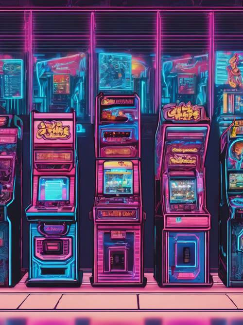 Неоново-синие аркадные игровые автоматы выстроились в ряд в игровом центре.