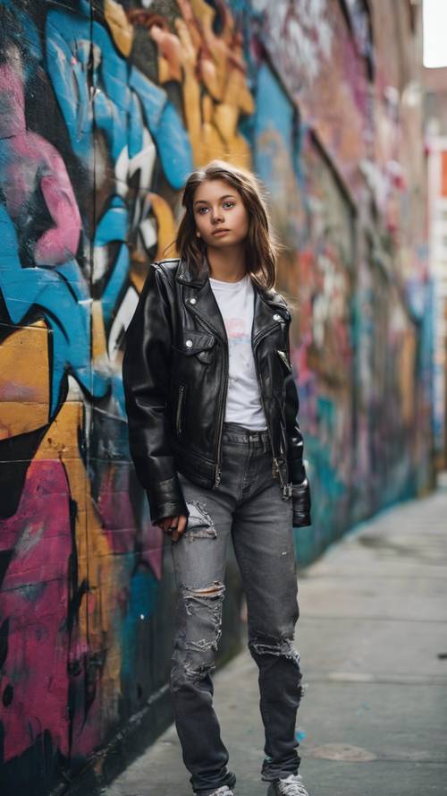 Deri ceketli genç bir kız, şehrin bir ara sokağında bir grafiti duvarının yanında duruyor ve elinde kaykay tutuyor.