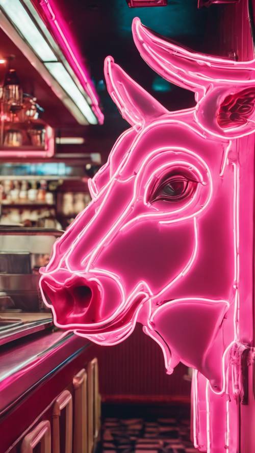 Tanda neon bersinar dari kepala sapi merah muda di restoran bergaya retro.